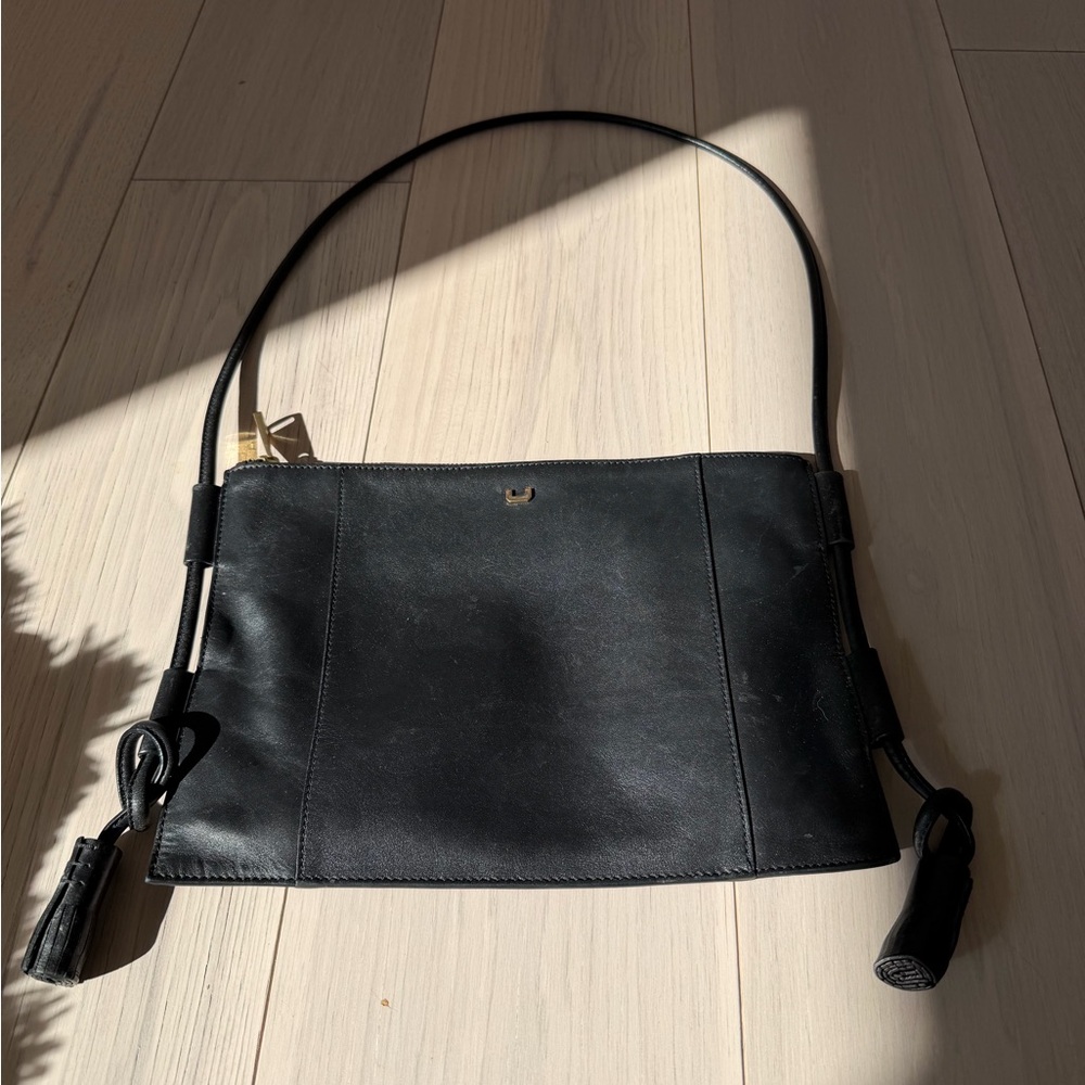 Adolfo Dominguez Black Leather Shoulder Bag with Gold Accent
